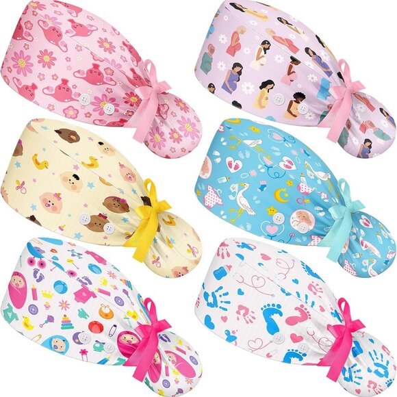 6 Pcs Labor Delivery Scrub Caps with Sweatband Adjustable Cotton Women - Picture 1 of 7